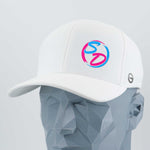 A gray, faceted mannequin head wears the white Staying Driven (Silicone) Flexfit® Cool & Dry Cap by Eternal Glyph, featuring a colorful SD logo on the front and a small circular symbol on the side—premium headwear designed for the fitness crew and embodying the spirit of Staying Driven.