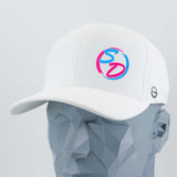 A gray, faceted mannequin head wears the white Staying Driven (Silicone) Flexfit® Cool & Dry Cap by Eternal Glyph, featuring a colorful SD logo on the front and a small circular symbol on the side—premium headwear designed for the fitness crew and embodying the spirit of Staying Driven.