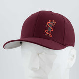 The Eternal Glyph Moab Shaman Petroglyph (Silicone) Flexfit® Premium Wool Blend Cap in maroon features an orange outlined shaman figure on the front, shown on a faceted white mannequin head against a light gray background.