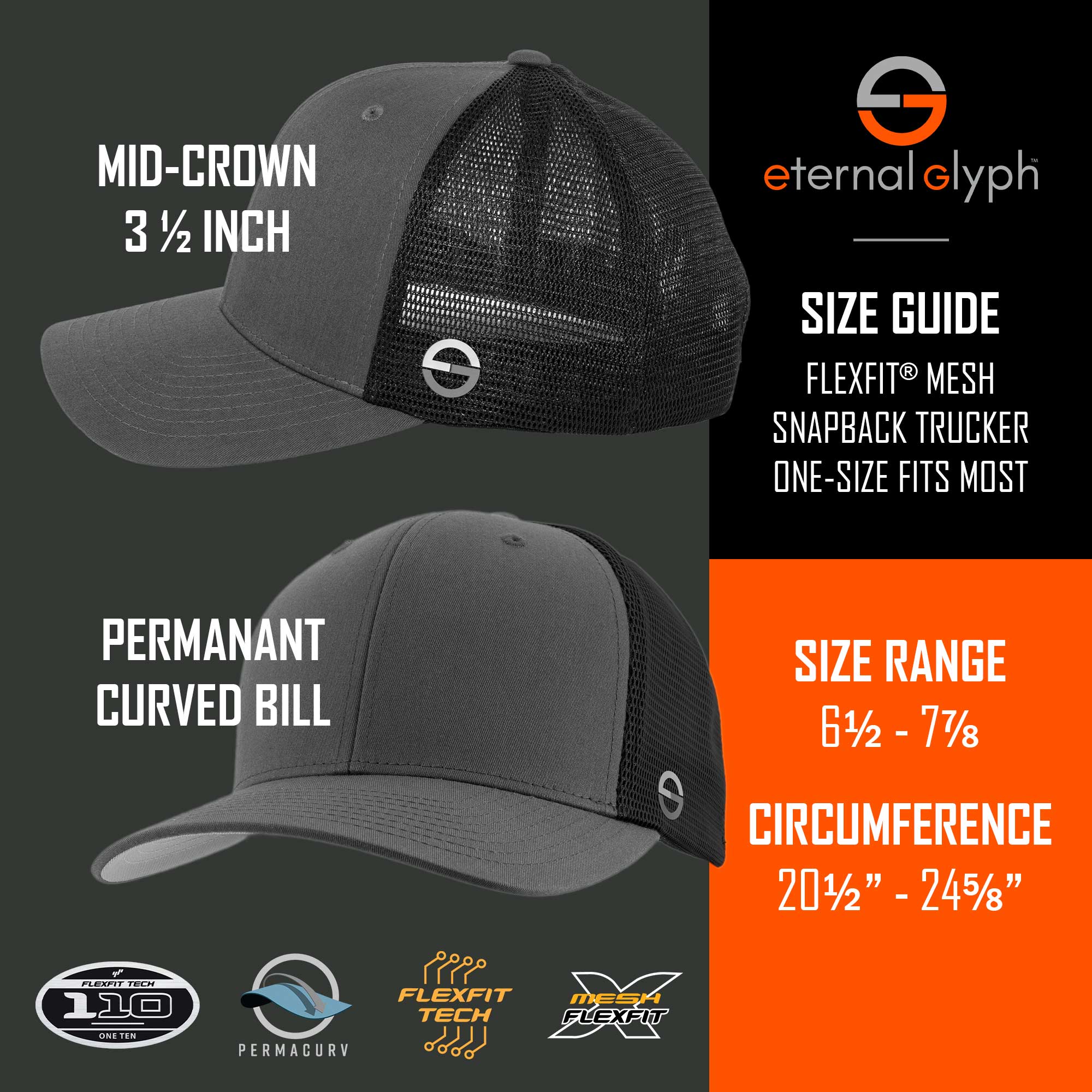 Two black and gray Flexfit® Mesh Trucker Caps by Eternal Glyph, featuring the Hiker Trail Sign (Silicone) logo. With a mid-crown 3-inch profile and permanent curved bill, they're adventure-ready and fit most—perfect for trail exploration or everyday wear.