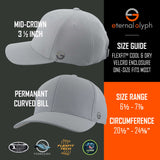 Two light gray Eternal Glyph Triquetra Trinity Knot (Silicone) Flexfit® Cool & Dry Caps are shown, featuring a mid-crown (3.5"), curved bill, Velcro enclosure, fits sizes 6⅞–7⅝ (20½–24⅜"). Logos adorn this Celtic design.