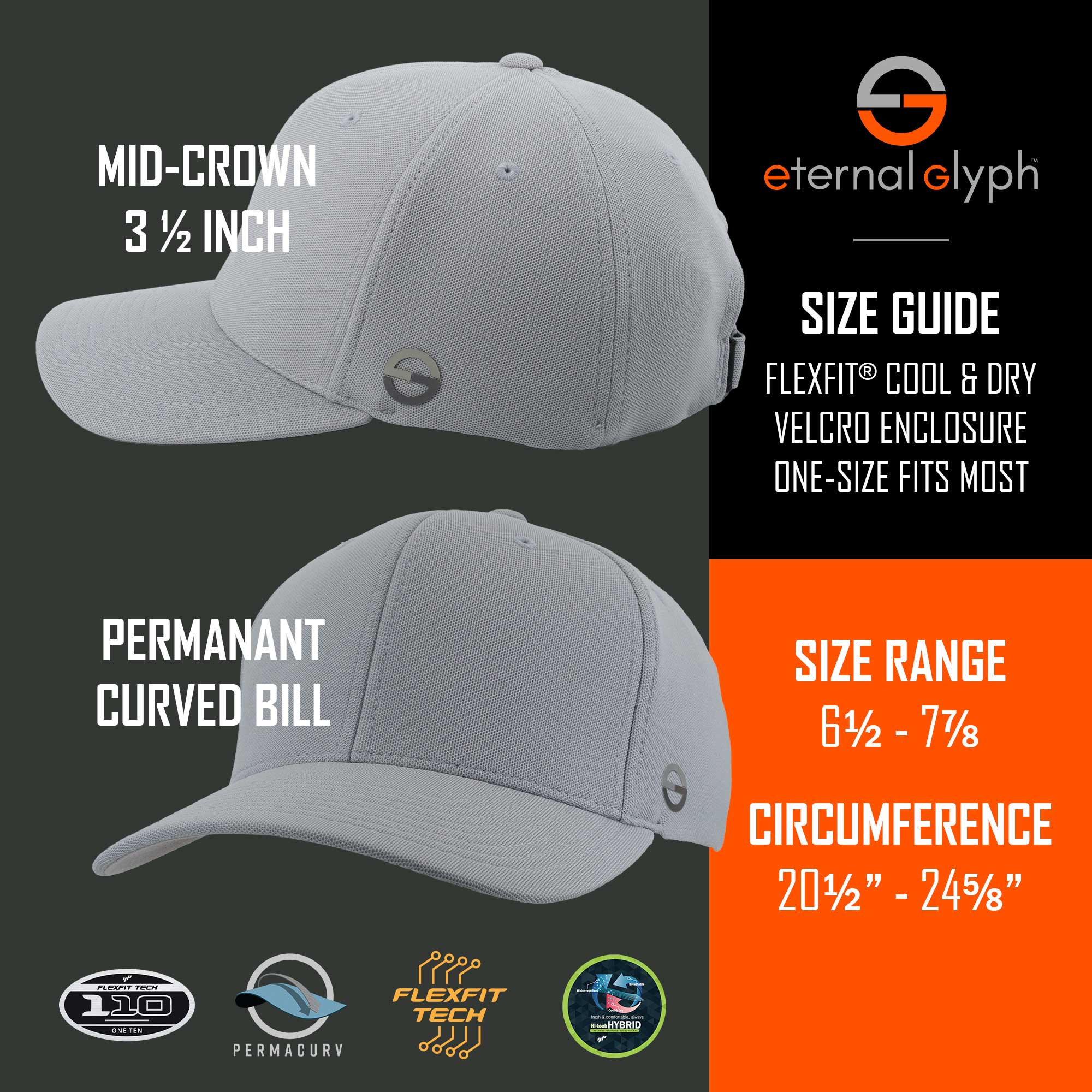 Two light gray Eternal Glyph Triquetra Trinity Knot (Silicone) Flexfit® Cool & Dry Caps are shown, featuring a mid-crown (3.5"), curved bill, Velcro enclosure, fits sizes 6⅞–7⅝ (20½–24⅜"). Logos adorn this Celtic design.