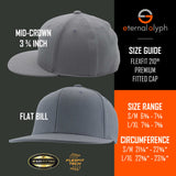 The Eternal Glyph Bigfoot Silhouette (Silicone) Flexfit® Flat Bill Premium Fitted Cap, shown from side and front on an orange and black background, features a 3 3/4" mid-crown, flat bill, subtle Bigfoot design, plus size guide for outdoor adventure.