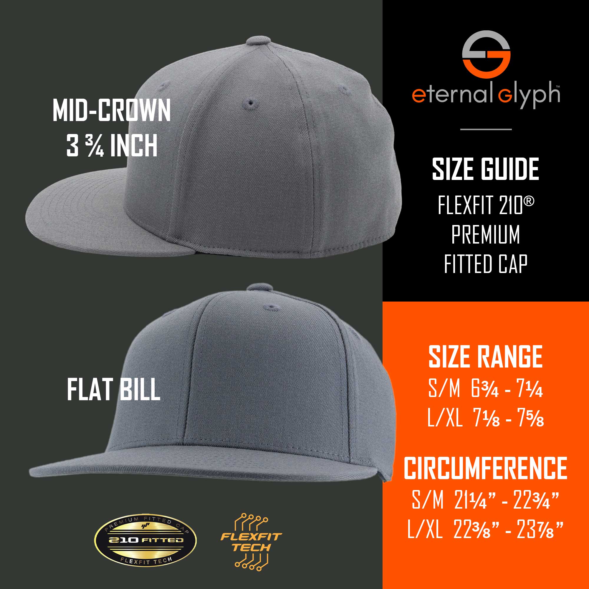 The Eternal Glyph Bigfoot Silhouette (Silicone) Flexfit® Flat Bill Premium Fitted Cap, shown from side and front on an orange and black background, features a 3 3/4" mid-crown, flat bill, subtle Bigfoot design, plus size guide for outdoor adventure.