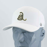 Coiled Rattlesnake Silhouette (Silicone) - Flexfit® Cool & Dry Cap Color: White - Eternal Glyph LLC