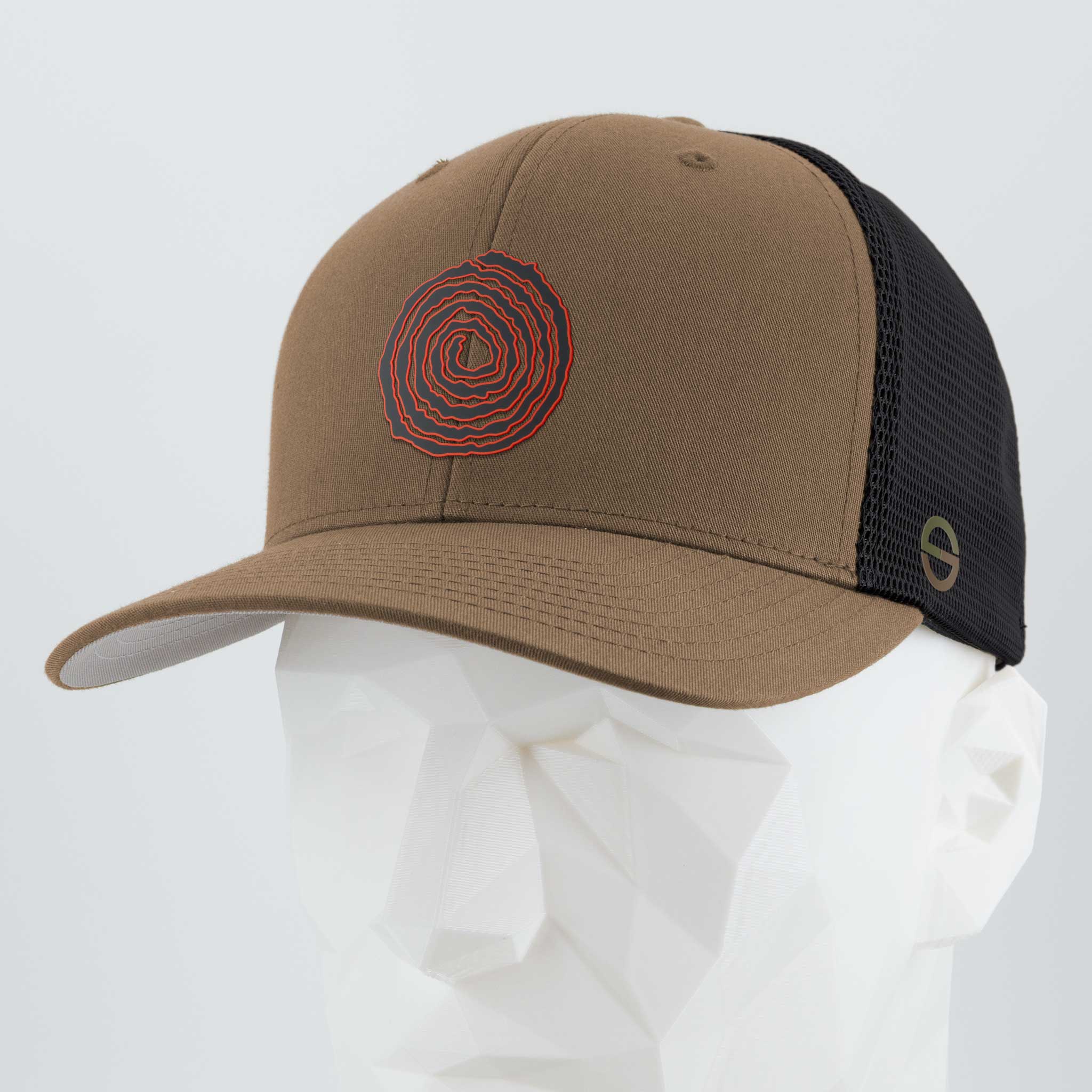 Moab Spiral Petroglyph (Silicone) - Flexfit® Mesh Trucker Cap Color: Coyote/Black - Eternal Glyph LLC