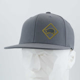 The Eternal Glyph Tortoise Crossing Sign (Silicone) Flexfit® Flat Bill Premium Fitted Cap, gray with a yellow outlined tortoise crossing sign on the front, is shown on a faceted white mannequin head against a light gray background.