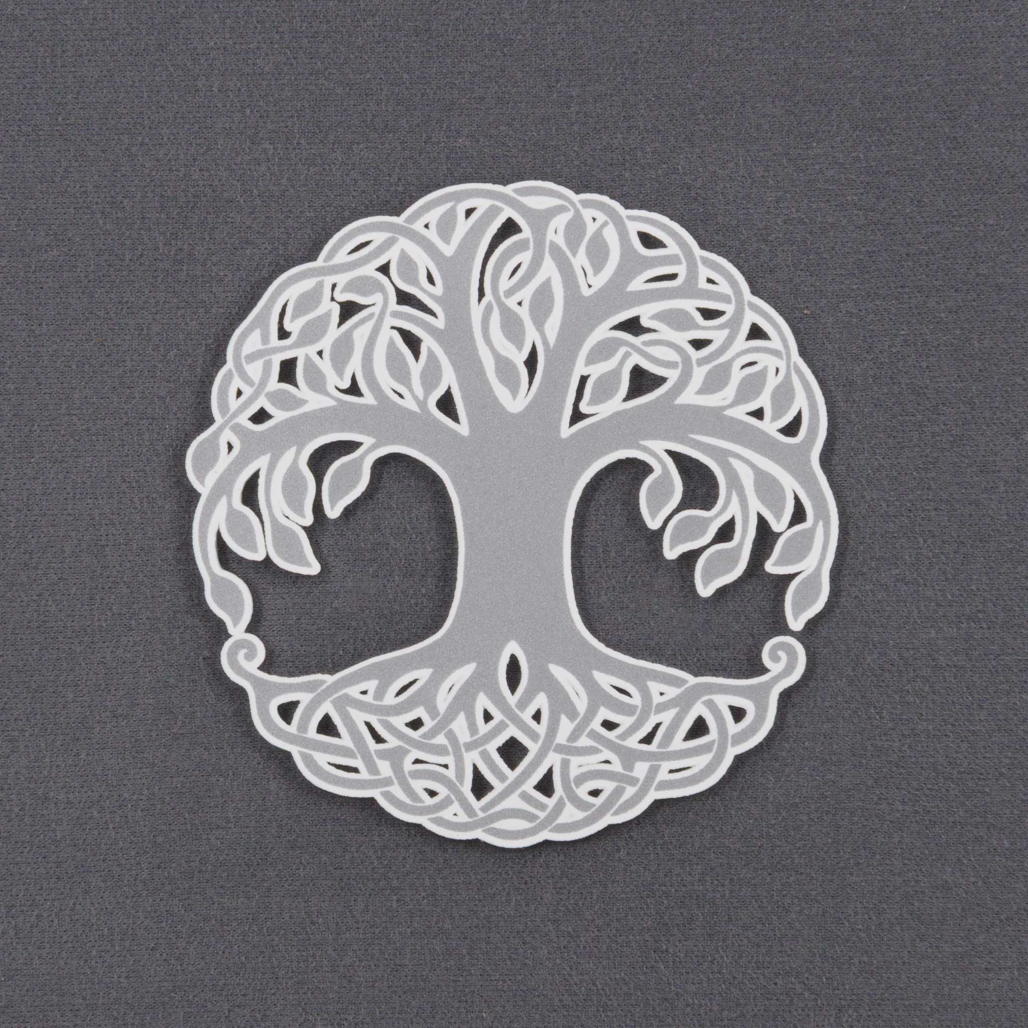 The Eternal Glyph Flexfit® Mesh Trucker Cap features a metallic silver Yggdrasil Tree of Life intricately designed in a circular shape on dark gray silicone.