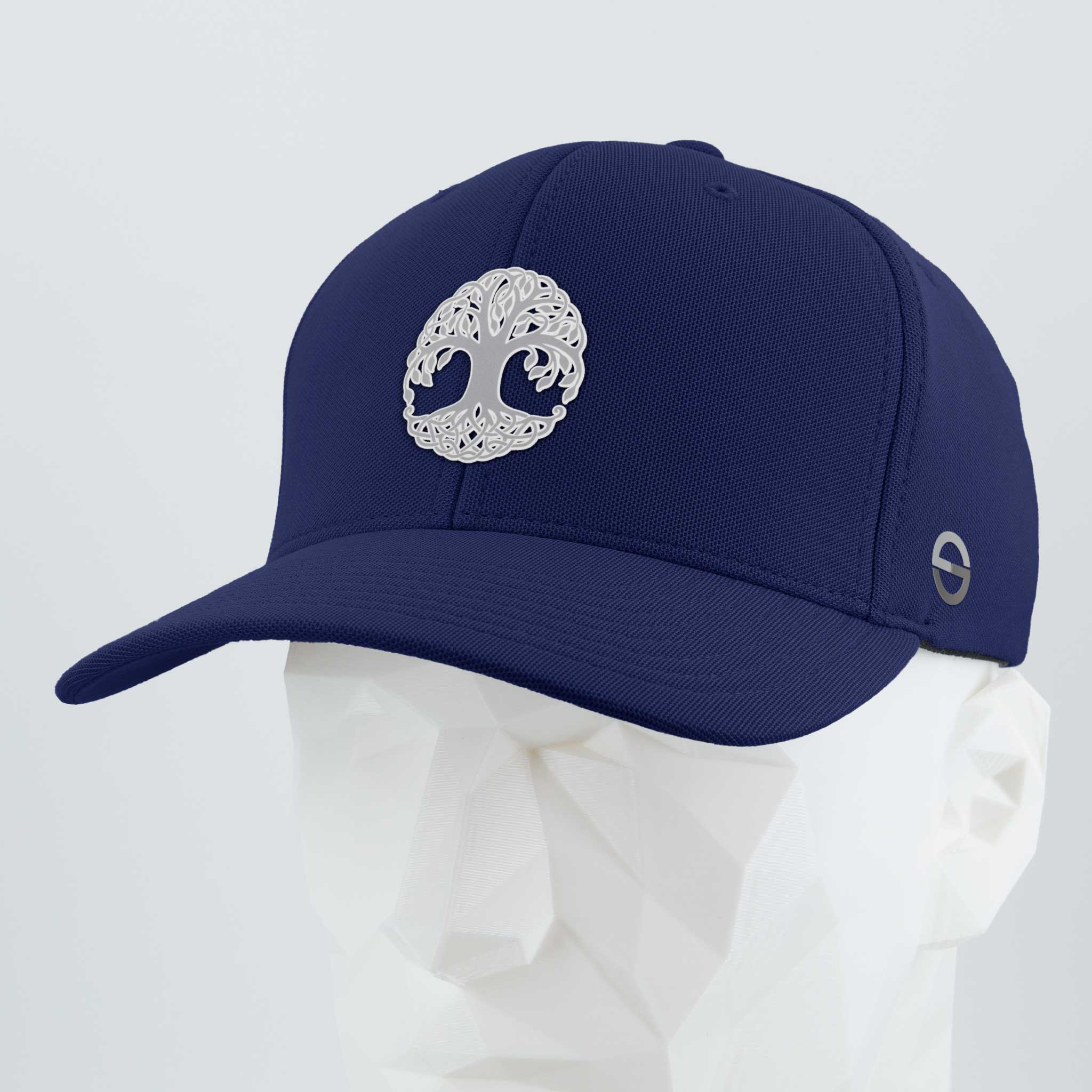 The Eternal Glyph Tree of Life, Yggdrasil, Metallic Silver (Silicone) Flexfit® Cool & Dry Cap in navy blue features a silver Norse Tree of Life symbol embroidered on the front and is displayed on a white geometric mannequin head.
