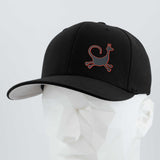 The Eternal Glyph Moab Trickster, Coyote Petroglyph (Silicone) Flexfit® Premium Wool Blend Cap in black features a minimalist red cat logo, shown on a white faceted mannequin head against a light gray background.