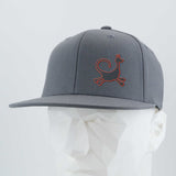 The Eternal Glyph Moab Trickster, Coyote Petroglyph (Silicone) Flexfit® Flat Bill Premium Fitted Cap, in gray with a red kangaroo-like logo, is shown on a white mannequin head against a light gray background.