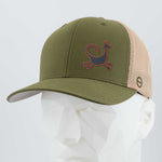 The Eternal Glyph Moab Trickster, Coyote Petroglyph Flexfit® Mesh Trucker Cap in olive/khaki features a red and black Trickster-inspired cat logo, shown on a white geometric mannequin head.