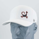 The Eternal Glyph Moab Trickster Coyote Petroglyph (Silicone) Flexfit® Cool & Dry Cap in white, featuring a stylized red and black coyote symbol, is shown on a geometric gray mannequin head.