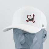 The Eternal Glyph Moab Trickster Coyote Petroglyph (Silicone) Flexfit® Cool & Dry Cap in white, featuring a stylized red and black coyote symbol, is shown on a geometric gray mannequin head.