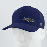 The Eternal Glyph Trout Fishing (Silicone) Flexfit® Cool & Dry Cap features a trout silhouette on navy blue, plus a side logo—perfect for mountain stream adventures. Shown on a white geometric mannequin head.