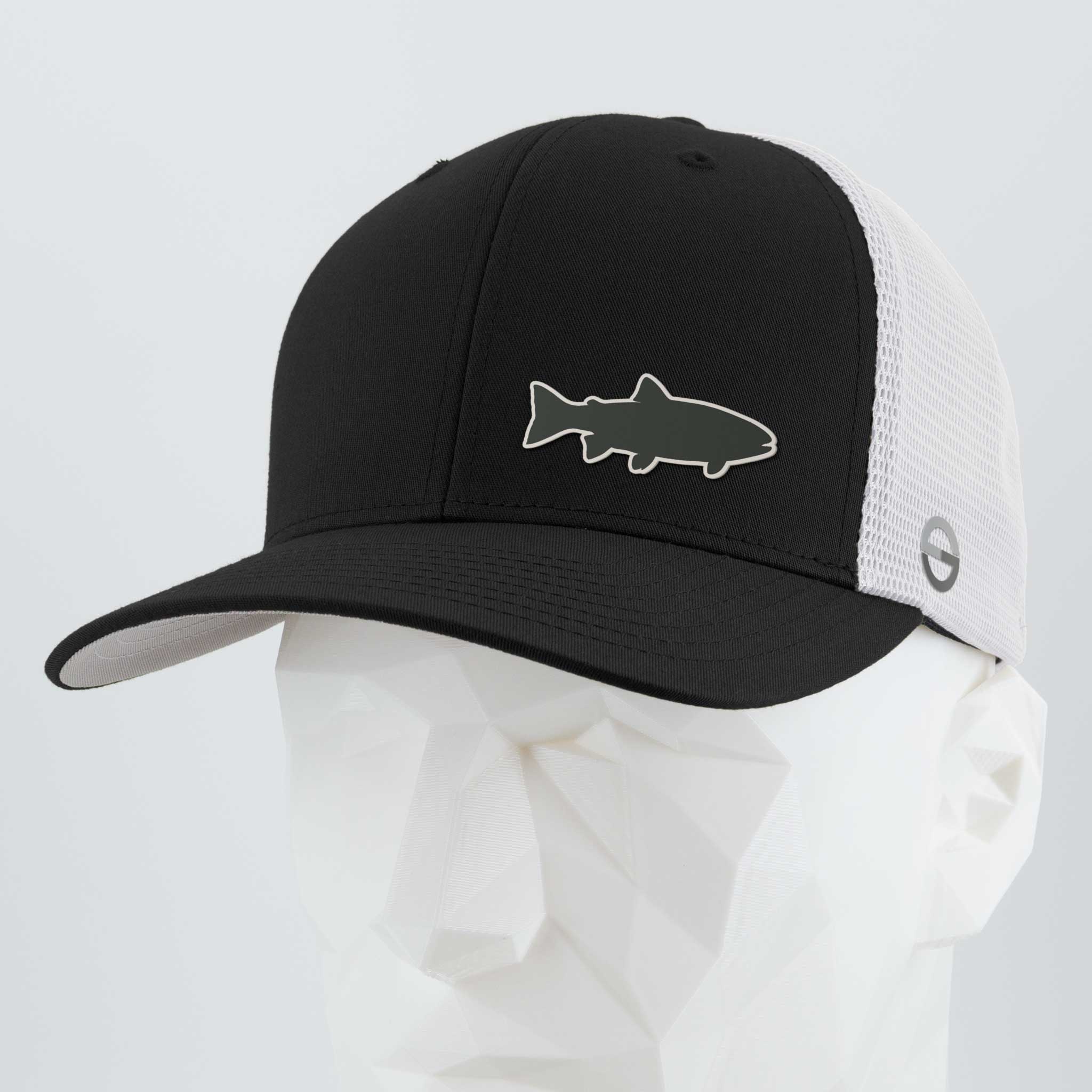 The Eternal Glyph Trout Fishing (Silicone) Flexfit® Mesh Trucker Cap in Black/White, featuring a trout silhouette graphic, is displayed on a white faceted mannequin head.