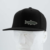 The Eternal Glyph Trout Fishing (Silicone) Flexfit® Flat Bill Premium Fitted Cap, featuring a fish silhouette patch, is shown on a white geometric mannequin head against a plain light background.