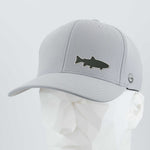 The Eternal Glyph Trout Fishing (Silicone) - Flexfit® Cool & Dry Cap features a light gray design with a dark trout silhouette logo, shown on a white geometric mannequin head—ideal for stylish trout fishing and mountain stream adventures.
