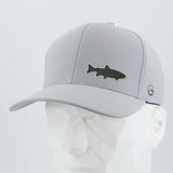 The Eternal Glyph Trout Fishing (Silicone) - Flexfit® Cool & Dry Cap features a light gray design with a dark trout silhouette logo, shown on a white geometric mannequin head—ideal for stylish trout fishing and mountain stream adventures.