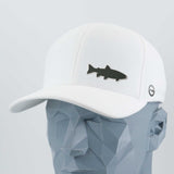 The Eternal Glyph Trout Fishing (Silicone) Flexfit® Cool & Dry Cap in white, shown on a gray mannequin, features a bold trout silhouette on the front and a small circular logo—ideal for mountain stream fishing.