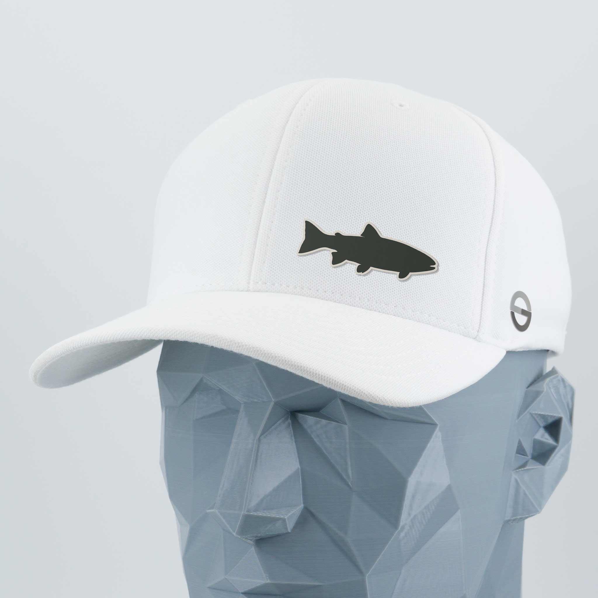 The Eternal Glyph Trout Fishing (Silicone) Flexfit® Cool & Dry Cap in white, shown on a gray mannequin, features a bold trout silhouette on the front and a small circular logo—ideal for mountain stream fishing.