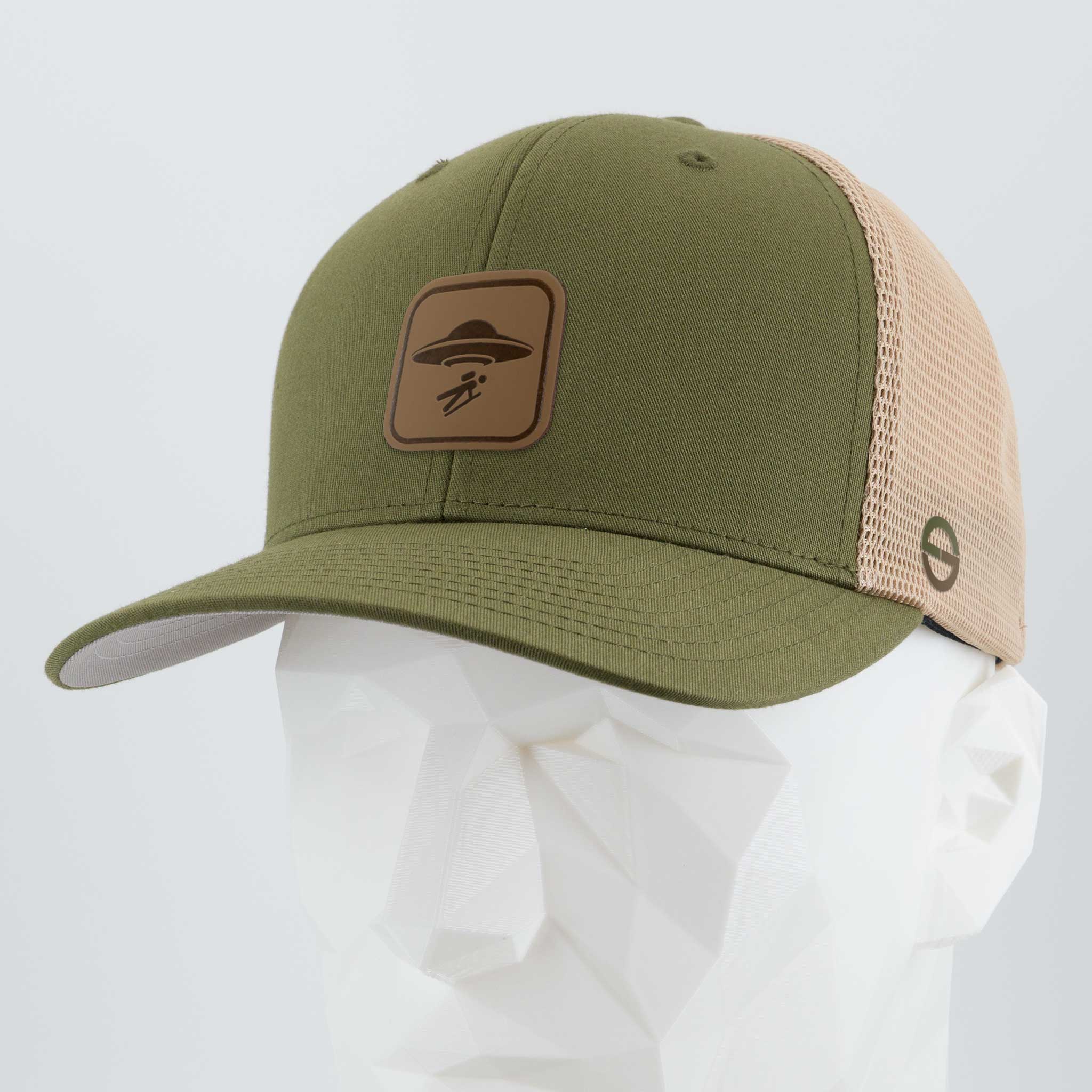 UFO Area Trail Sign (Leather) - Flexfit® Mesh Trucker Cap Color: Olive/Khaki - Eternal Glyph LLC