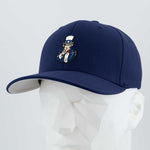 The Eternal Glyph Uncle Sam, I Want You (Silicone) Flexfit® Premium Wool Blend Cap in navy features an embroidered cartoon of Uncle Sam pointing forward, shown on a white geometric mannequin for a classic American touch.