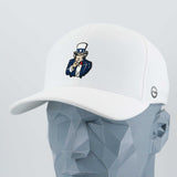 The Uncle Sam, I Want You (Silicone) Flexfit® Cool & Dry Cap by Eternal Glyph features classic American imagery—Uncle Sam pointing—embroidered on a white cap, shown on a gray geometric mannequin head.
