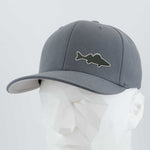 The Eternal Glyph Large Mouth Bass (Silicone) Flexfit® Premium Wool Blend Cap in gray features a bass silhouette logo on the front and is shown on a white, faceted mannequin head against a plain background.