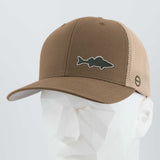 The Eternal Glyph Walleye Fishing (Silicone) Flexfit® Mesh Trucker Cap, in brown and beige with a dark walleye patch, is shown on a white geometric mannequin head—ideal for Northern lake fishing enthusiasts.