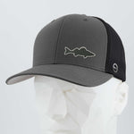 The Eternal Glyph Walleye Fishing (Silicone) Flexfit® Mesh Trucker Cap features a matte gray and black design with a fish silhouette on the front panel, shown on a faceted white mannequin head against a plain light background.