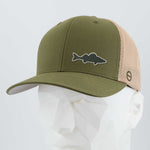 The Eternal Glyph Walleye Fishing (Silicone) Flexfit® Mesh Trucker Cap in green and beige features a fish silhouette logo, perfect for walleye fishing, shown here on a white geometric mannequin head.