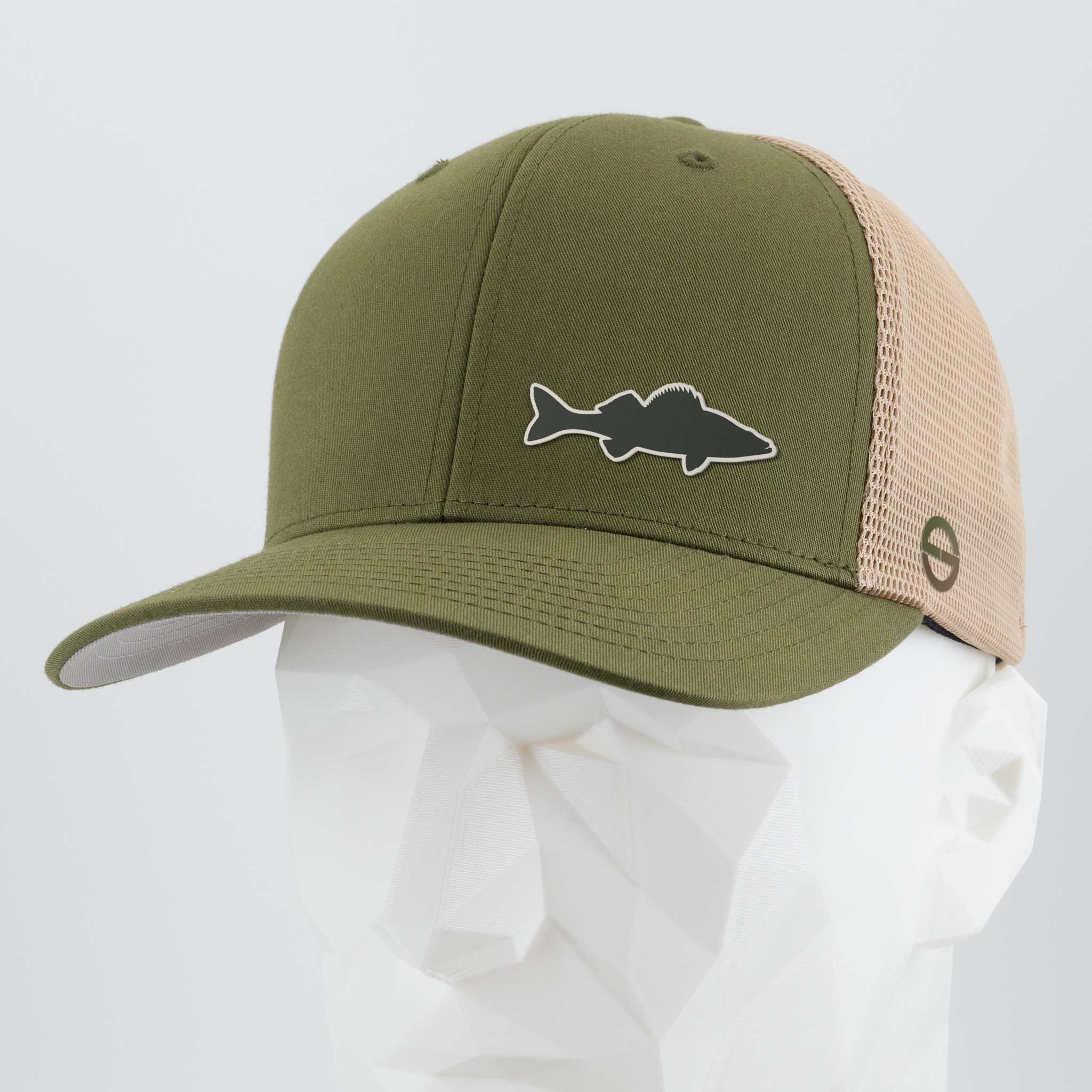 The Eternal Glyph Walleye Fishing (Silicone) Flexfit® Mesh Trucker Cap in green and beige features a fish silhouette logo, perfect for walleye fishing, shown here on a white geometric mannequin head.