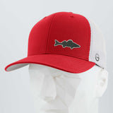 The Eternal Glyph Walleye Fishing (Silicone) Flexfit® Mesh Trucker Cap features a red and white design with a walleye silhouette logo, shown on a faceted white mannequin—ideal for Northern lake adventures.