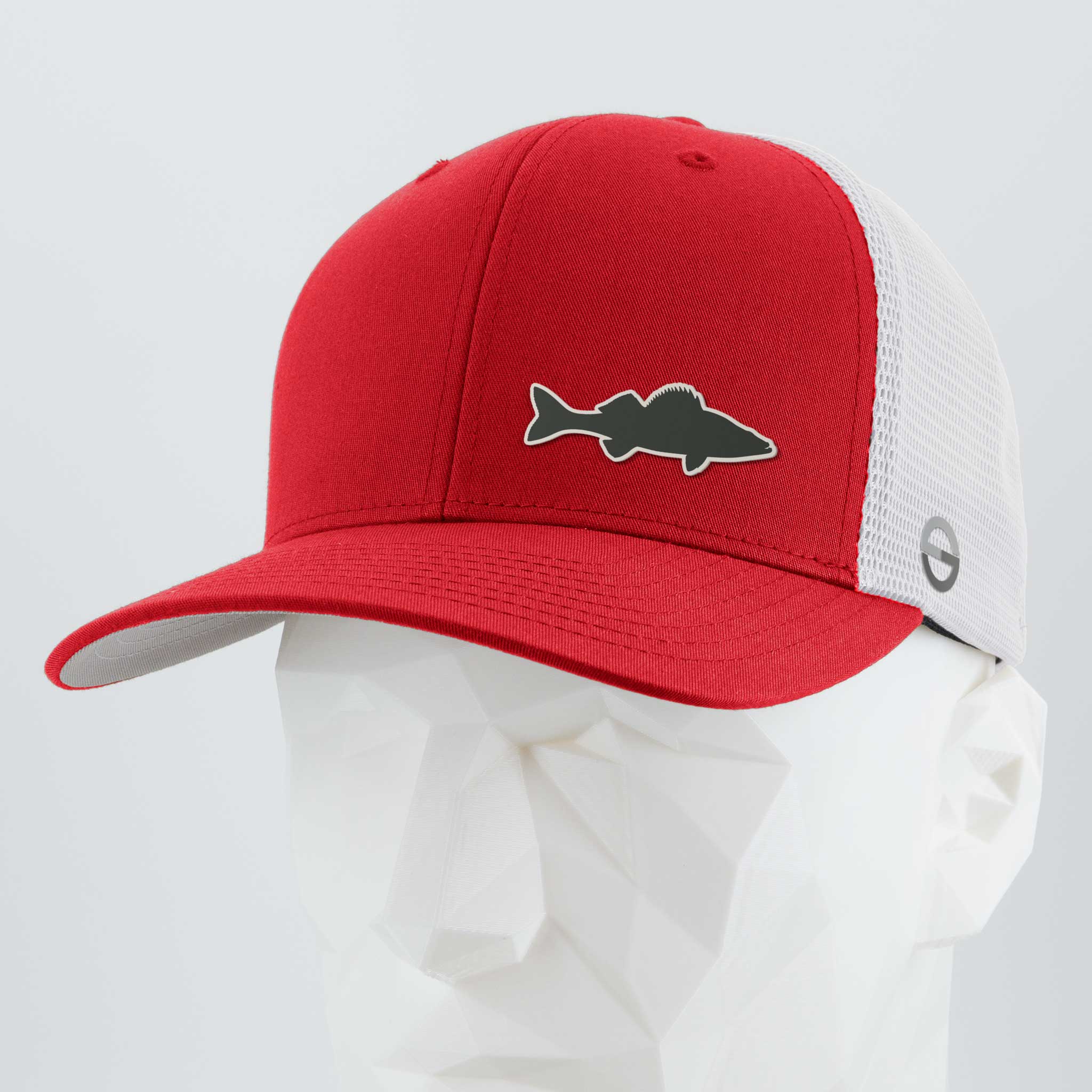 The Eternal Glyph Walleye Fishing (Silicone) Flexfit® Mesh Trucker Cap features a red and white design with a walleye silhouette logo, shown on a faceted white mannequin—ideal for Northern lake adventures.