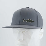 The Eternal Glyph Walleye Fishing (Silicone) Flexfit® Flat Bill Premium Fitted Cap features a fish silhouette patch on the front, shown on a white mannequin—ideal for Northern lakes walleye fishing adventures.
