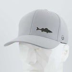 The Eternal Glyph Walleye Fishing (Silicone) - Flexfit® Cool & Dry Cap features a bold walleye silhouette on light gray, with a small left-side logo—ideal for Northern lakes fans—shown on a white geometric mannequin head.