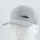 The Eternal Glyph Walleye Fishing (Silicone) - Flexfit® Cool & Dry Cap features a bold walleye silhouette on light gray, with a small left-side logo—ideal for Northern lakes fans—shown on a white geometric mannequin head.