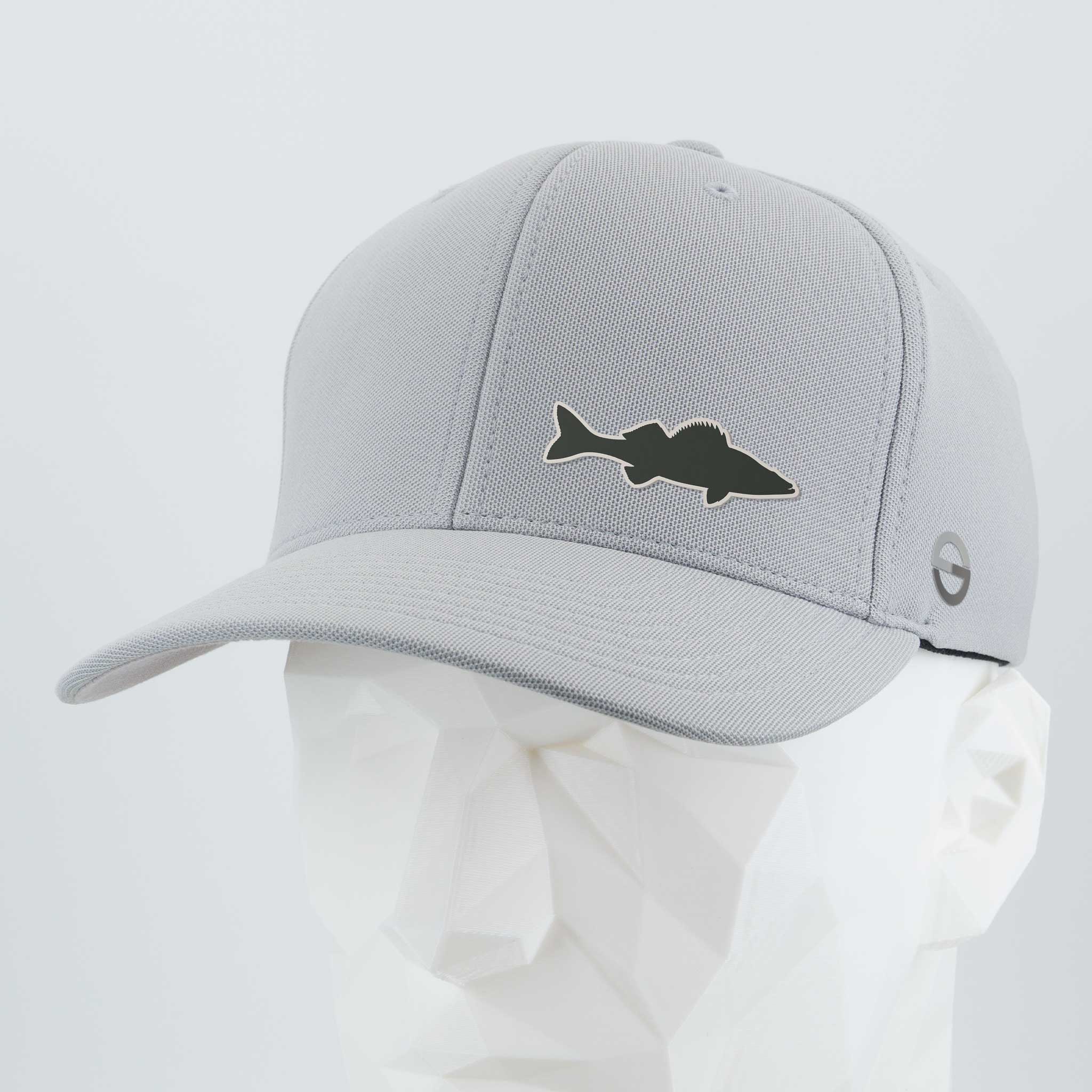 The Eternal Glyph Walleye Fishing (Silicone) - Flexfit® Cool & Dry Cap features a bold walleye silhouette on light gray, with a small left-side logo—ideal for Northern lakes fans—shown on a white geometric mannequin head.