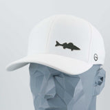The Eternal Glyph Walleye Fishing (Silicone) - Flexfit® Cool & Dry Cap features a black walleye silhouette on white, shown on a gray mannequin—ideal for your Northern lakes fishing adventures.