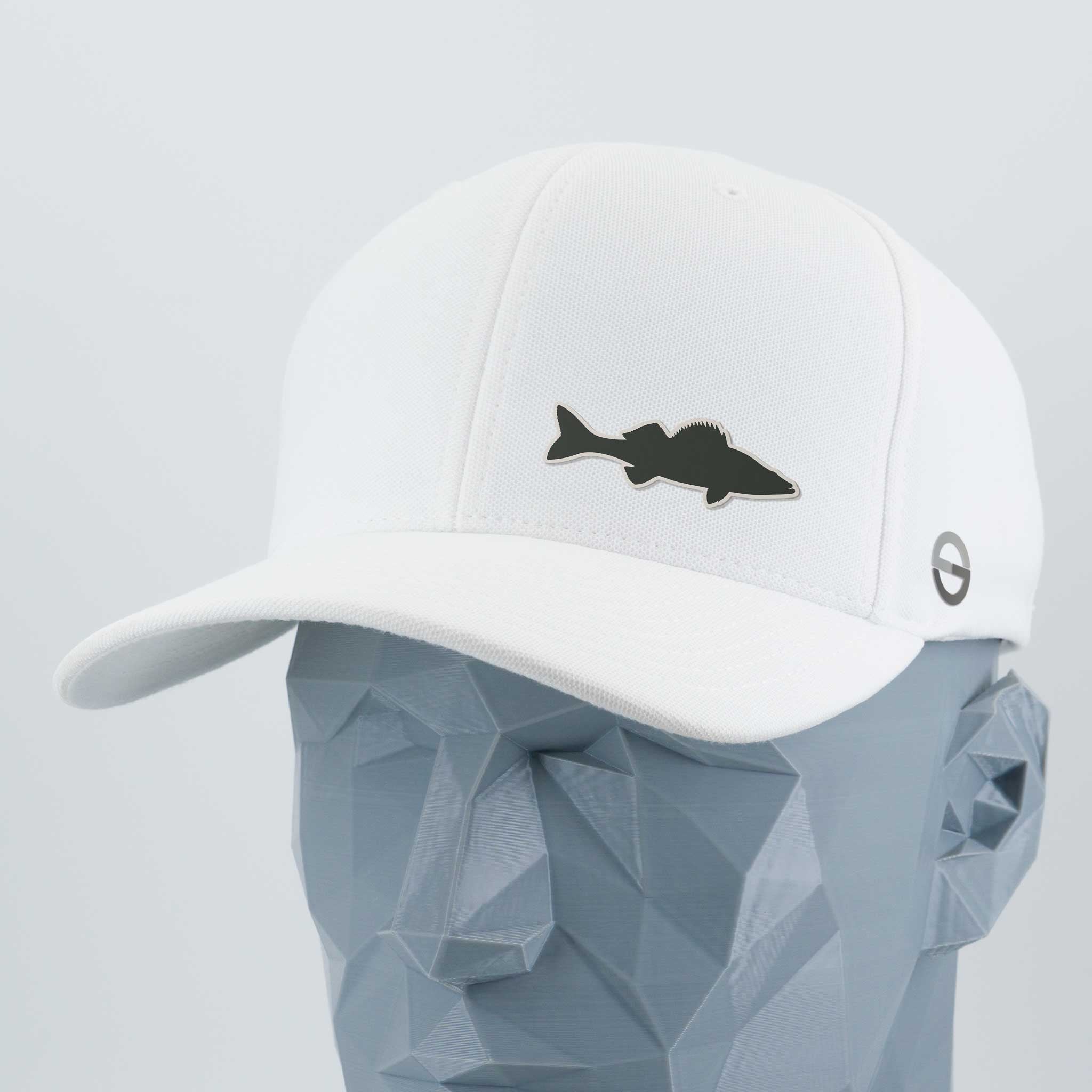 The Eternal Glyph Walleye Fishing (Silicone) - Flexfit® Cool & Dry Cap features a black walleye silhouette on white, shown on a gray mannequin—ideal for your Northern lakes fishing adventures.