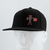 The Eternal Glyph Spiral Warrior Petroglyph (Silicone) Flexfit® Flat Bill Premium Fitted Cap in black features an outlined orange glyph design on the front, shown on a white geometric mannequin against a light background.