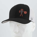 The Eternal Glyph Spiral Warrior Petroglyph (Silicone) Flexfit® Mesh Trucker Cap is a black and white hat featuring a red-outlined Kokopelli with a spiral on its hand, inspired by ancient Moab, Utah carvings.