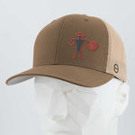 The Eternal Glyph Spiral Warrior Petroglyph (Silicone) Flexfit® Mesh Trucker Cap features a brown and beige design with a red-outlined petroglyph, inspired by ancient Moab carvings, displayed on a white geometric mannequin head.