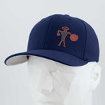 The Eternal Glyph Spiral Warrior Petroglyph (Silicone) Flexfit® Premium Wool Blend Cap in navy features an orange and red abstract figure with a spiral on the front, shown on a white geometric mannequin head.