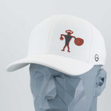 The Eternal Glyph Spiral Warrior Petroglyph (Silicone) Flexfit® Cool & Dry Cap in white features a stylized ancient figure with spiral design, inspired by Moab carvings, plus a side circular logo, shown on a faceted gray mannequin head.